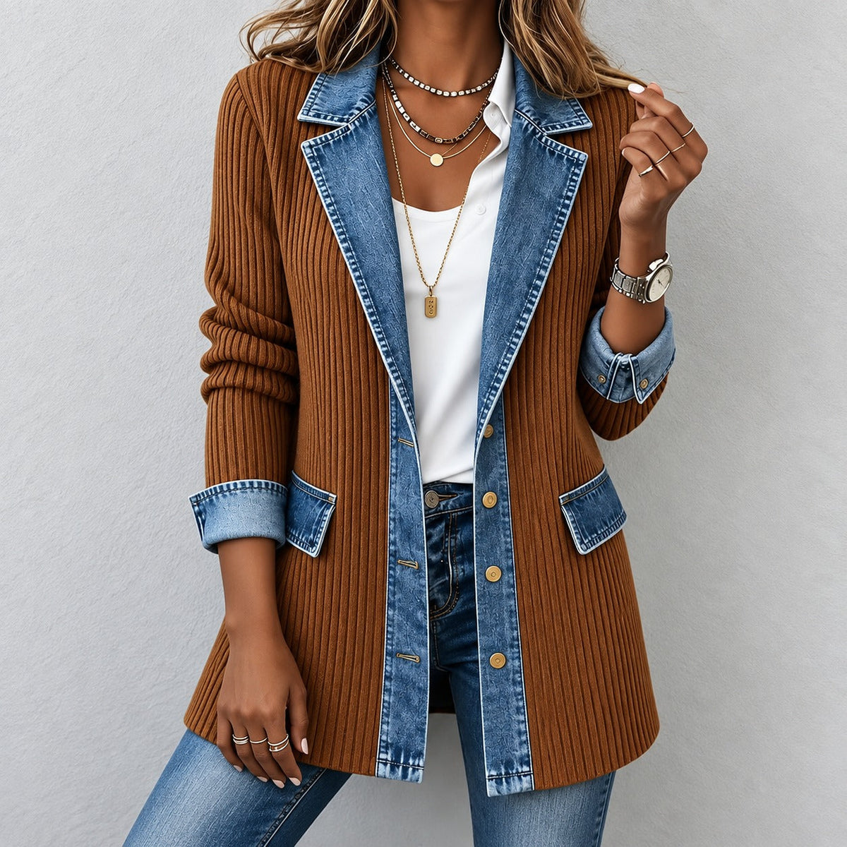 Chaqueta Tatiane™ con Tejido Acanalado, Corte Largo y Botones
