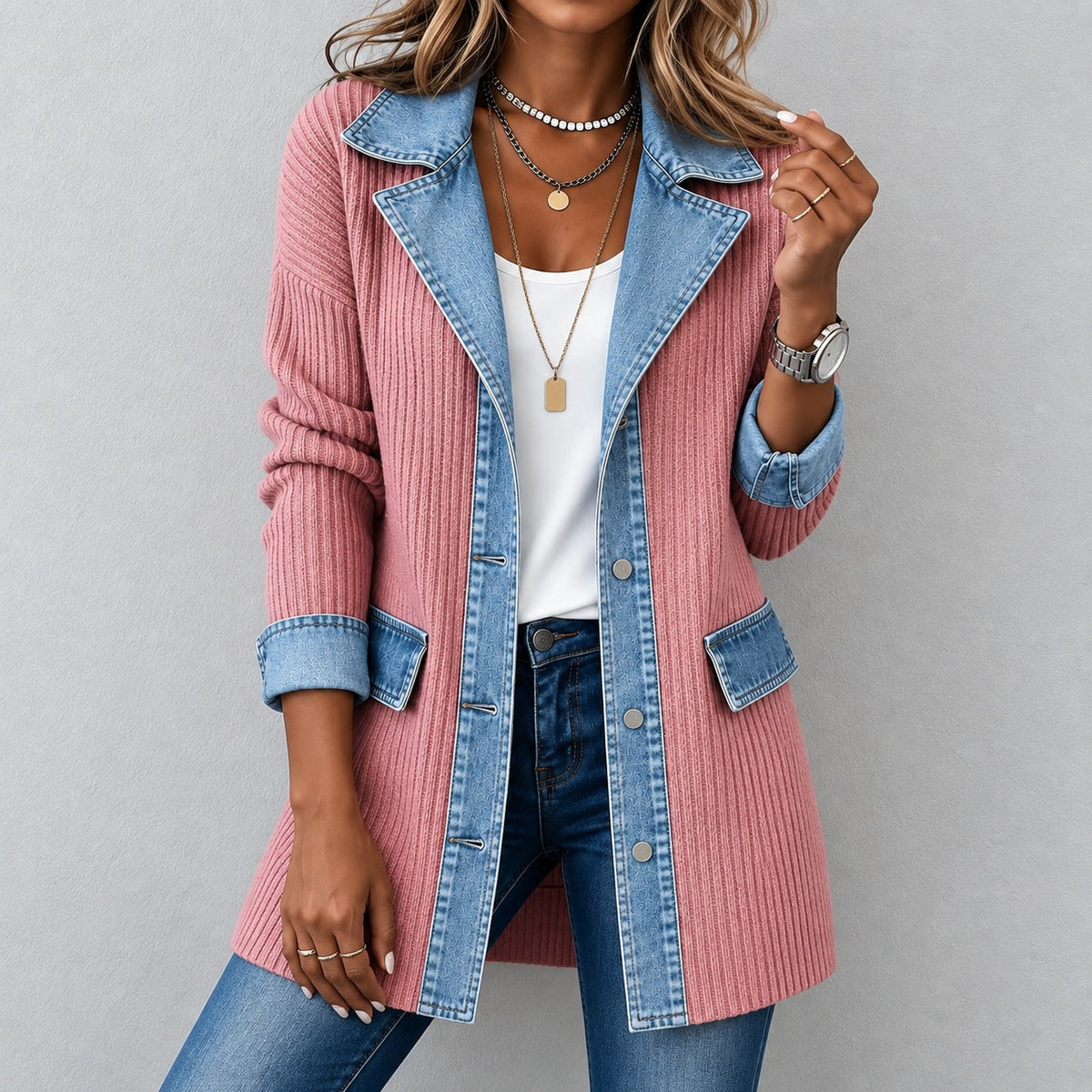 Chaqueta Tatiane™ con Tejido Acanalado, Corte Largo y Botones