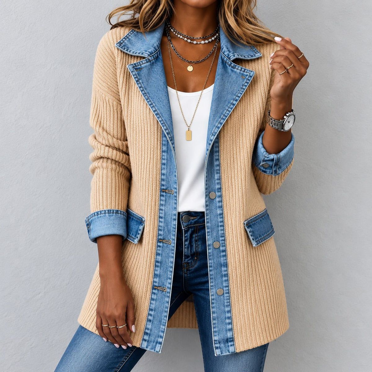 Chaqueta Tatiane™ con Tejido Acanalado, Corte Largo y Botones