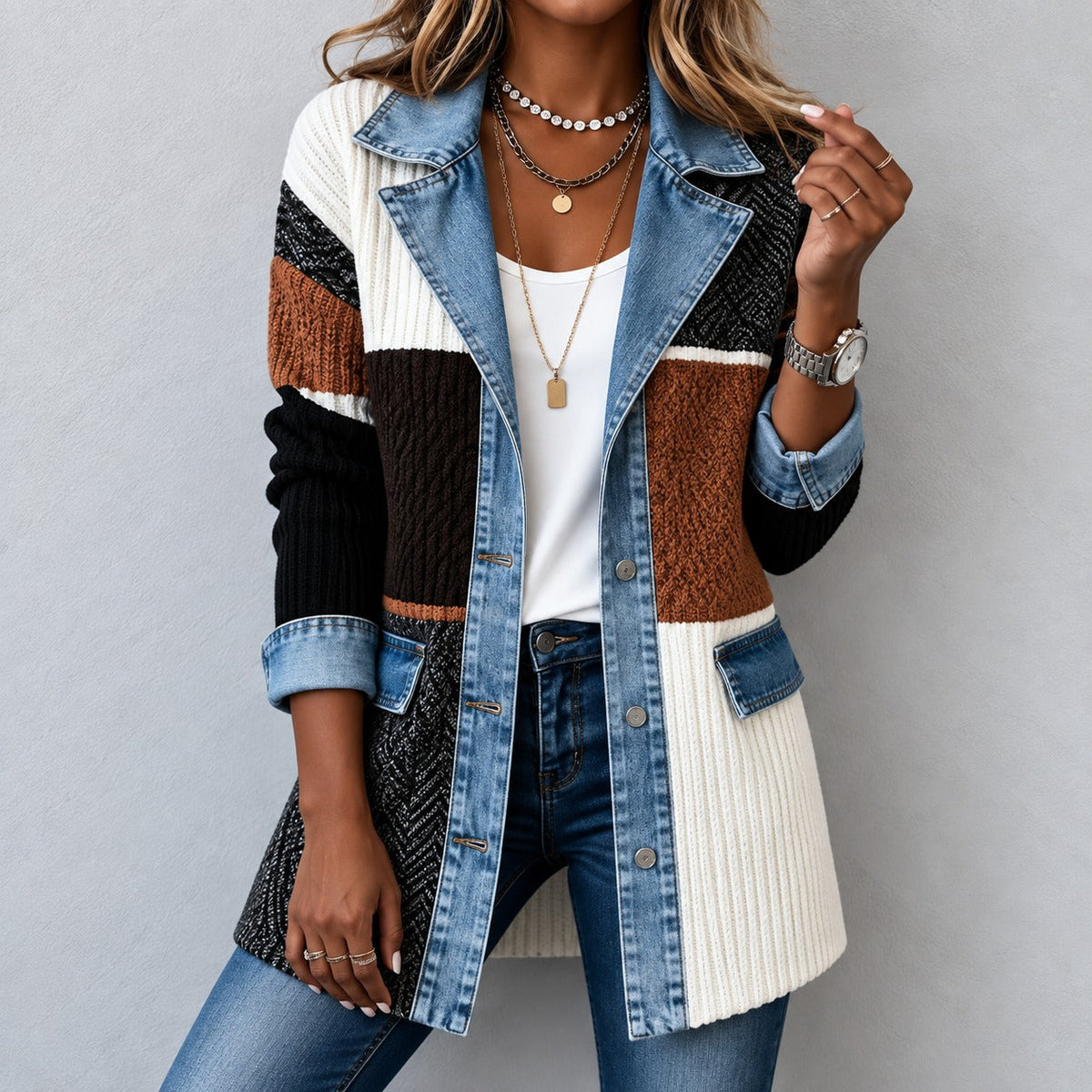 Chaqueta Tatiane™ con Tejido Acanalado, Corte Largo y Botones