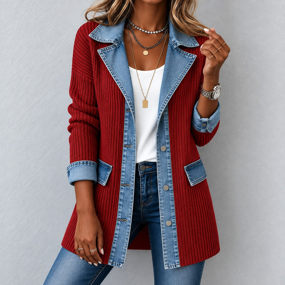 Chaqueta Tatiane™ con Tejido Acanalado, Corte Largo y Botones