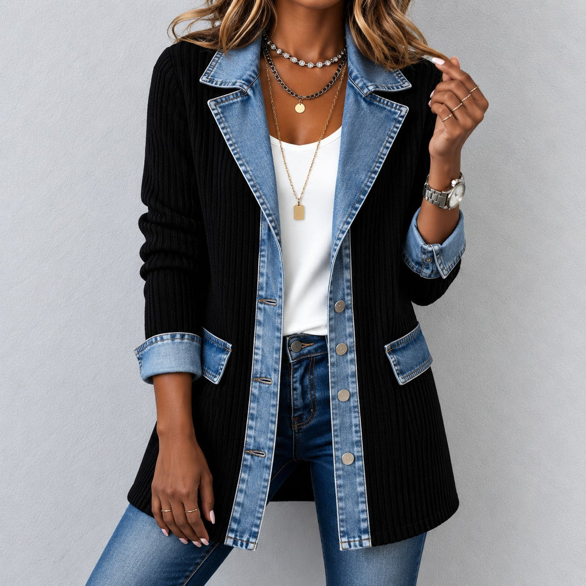 Chaqueta Tatiane™ con Tejido Acanalado, Corte Largo y Botones